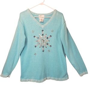 Quacker Factory Snowflake Blue V-Neck Sweater Large Beads Sequins Winter Holiday